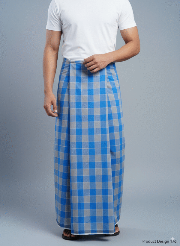 Classic Men's Lungi - Blue and Grey Checkered Design