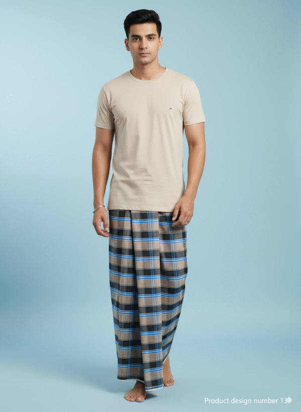 Stylish Plaid Lungi for Men - Beige and Blue Checkered Design