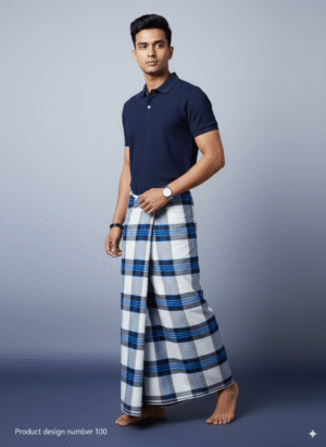 Men's Modern Lungi - Bold Blue, Black & White Checkered Design