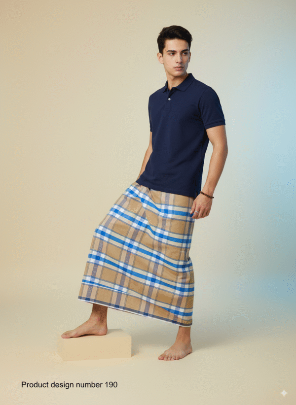 Men's Stylish Plaid Lungi - Modern Tan and Blue Checkered Design