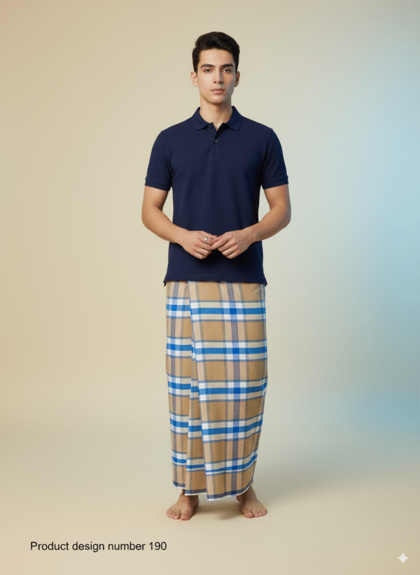 Men's Stylish Plaid Lungi - Modern Tan and Blue Checkered Design