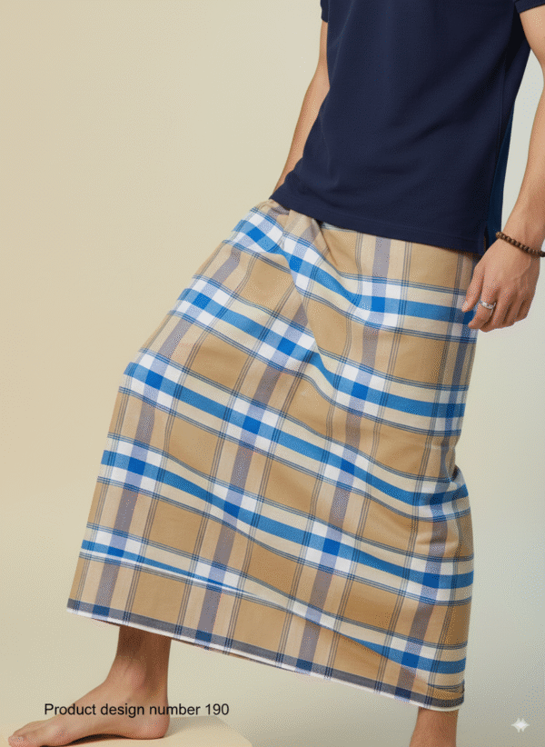 Men's Stylish Plaid Lungi - Modern Tan and Blue Checkered Design