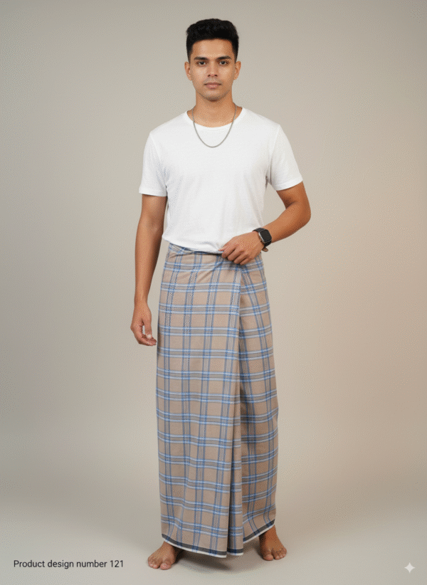 Men's Stylish Plaid Lungi - Modern Tan and Blue Checkered Design