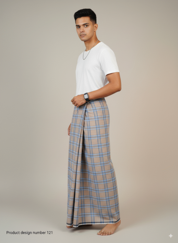 Men's Stylish Plaid Lungi - Modern Tan and Blue Checkered Design