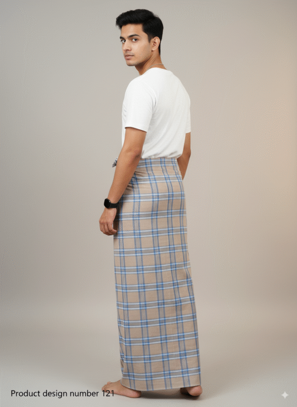 Men's Stylish Plaid Lungi - Modern Tan and Blue Checkered Design
