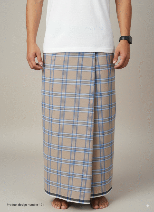 Men's Stylish Plaid Lungi - Modern Tan and Blue Checkered Design