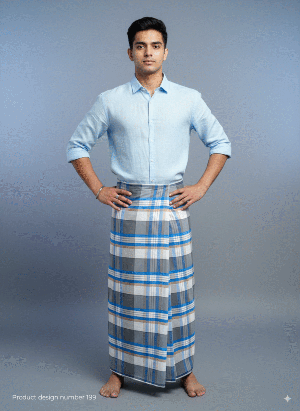 Men's Stylish Lungi - Cool Blue & Grey Plaid Design