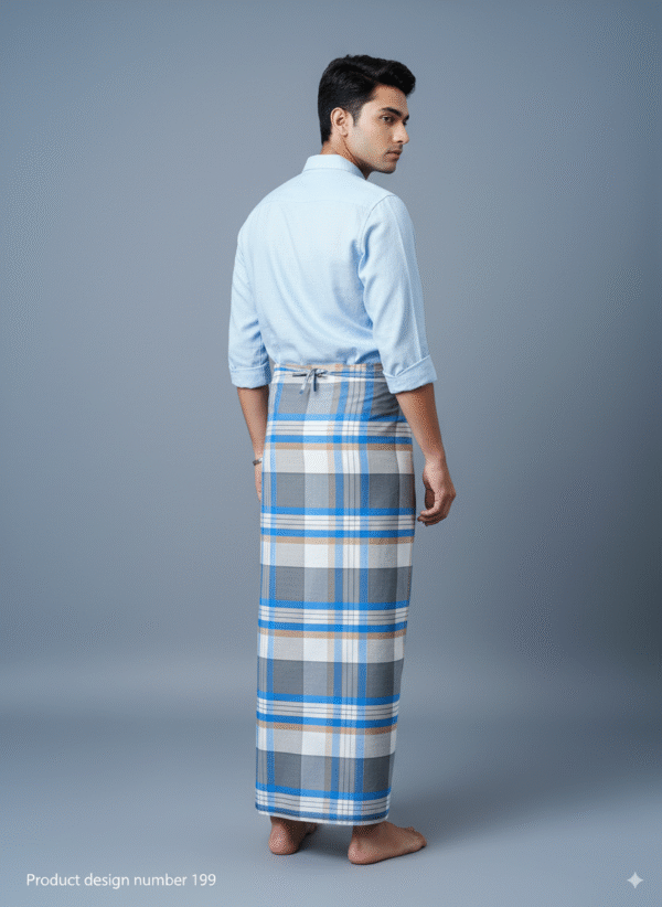 Men's Stylish Lungi - Cool Blue & Grey Plaid Design
