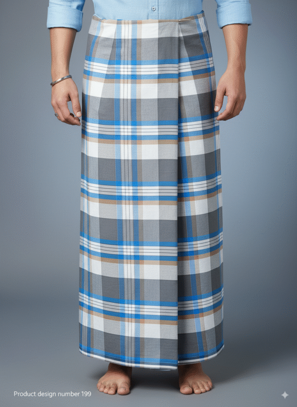 Men's Stylish Lungi - Cool Blue & Grey Plaid Design
