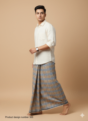 Generated Image September 25, 2025 - 9_13PM Men's Stylish Lungi - Refined Tan and Blue Plaid Design