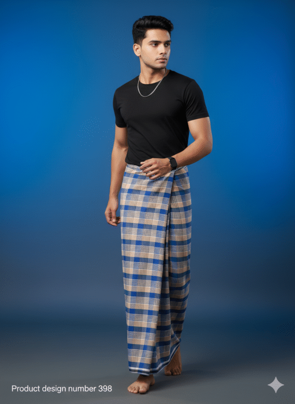 Men's Stylish Lungi - Modern Tan & Blue Plaid Design