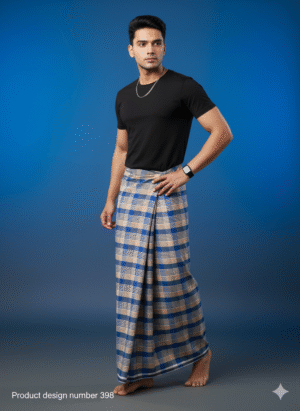 Generated Image September 26, 2025 - 6_21PM Men's Stylish Lungi - Modern Tan & Blue Plaid Design