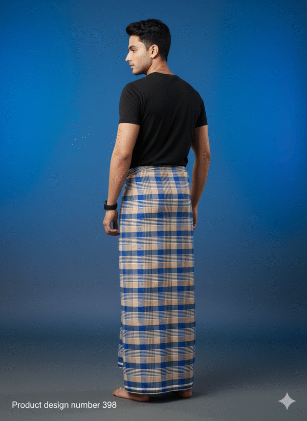 Men's Stylish Lungi - Modern Tan & Blue Plaid Design