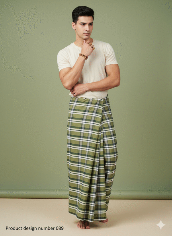 Men's Stylish Lungi - Classic Olive Green Plaid Design