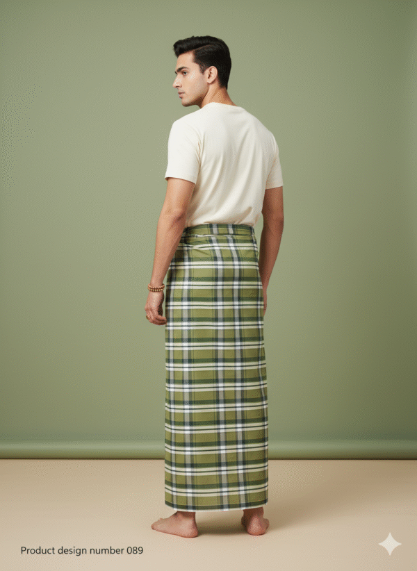 Men's Stylish Lungi - Classic Olive Green Plaid Design