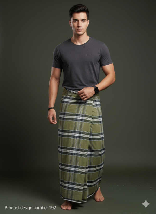 Men's Stylish Lungi - Modern Olive Green Plaid Design