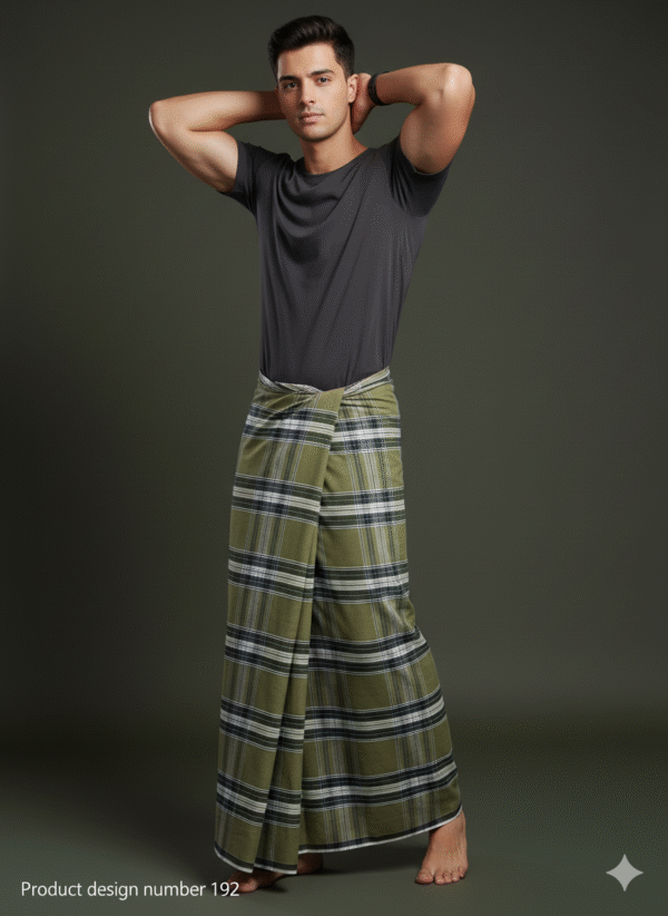 Men's Stylish Lungi - Modern Olive Green Plaid Design