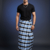 Men's Modern Lungi - Bold Blue, Black & White Checkered Design