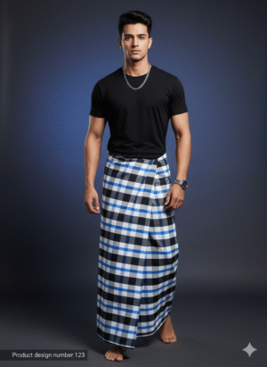 Men's Modern Lungi - Bold Blue, Black & White Checkered Design