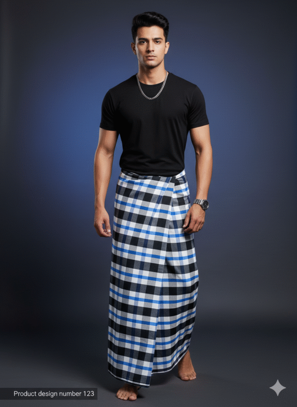 Men's Modern Lungi - Bold Blue, Black & White Checkered Design