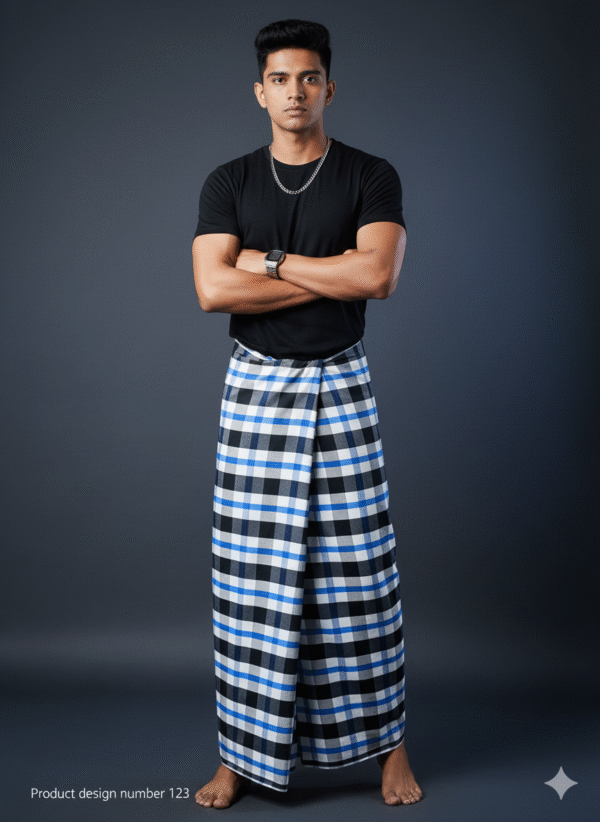 Men's Modern Lungi - Bold Blue, Black & White Checkered Design