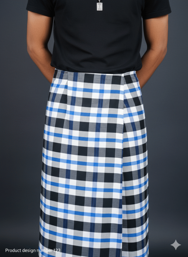 Men's Modern Lungi - Bold Blue, Black & White Checkered Design