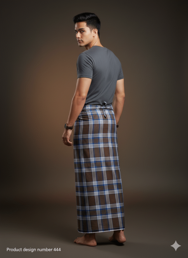 Men's Stylish Lungi - Earthy Brown & Blue Plaid Design