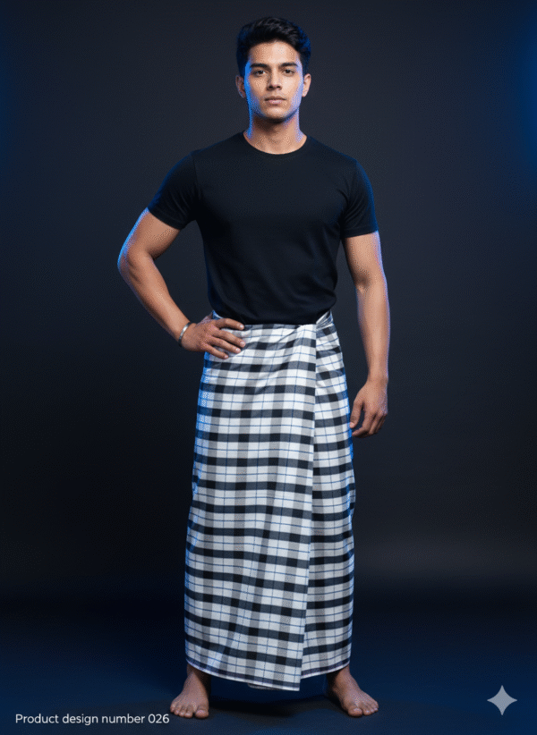 Generated Image September 27, 2025 - 4_29PM Men's Modern Lungi - High-Contrast Black & White Plaid Design