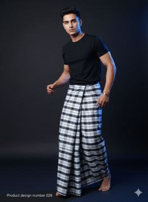 Men's Modern Lungi - High-Contrast Black & White Plaid Design