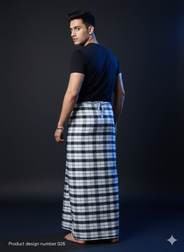 Generated Image September 27, 2025 - 4_44PM Men's Modern Lungi - High-Contrast Black & White Plaid Design