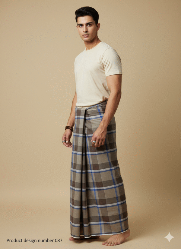 Men's Stylish Lungi - Earthy Brown & Blue Plaid Design