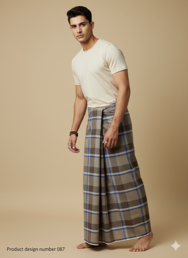 Men's Stylish Lungi - Earthy Brown & Blue Plaid Design