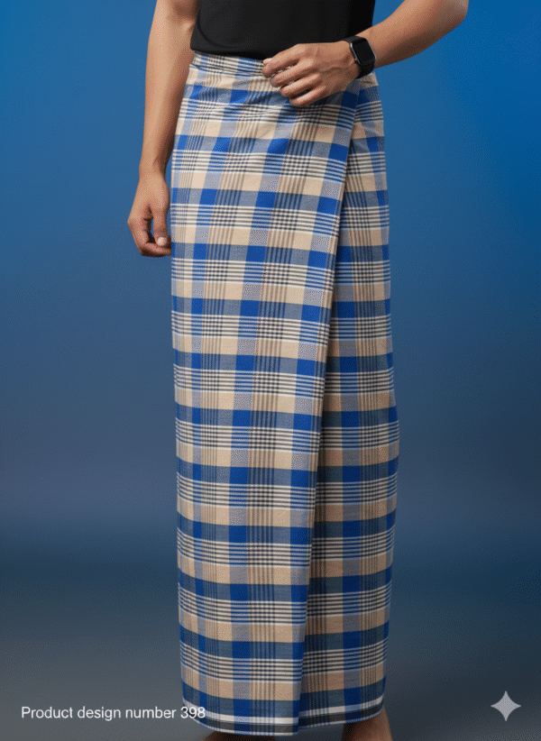 Men's Stylish Lungi - Modern Tan & Blue Plaid Design