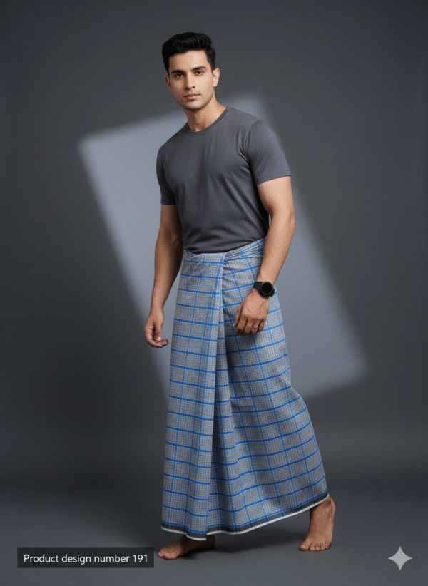 Men's Stylish Lungi - Modern Grey & Blue Plaid Design