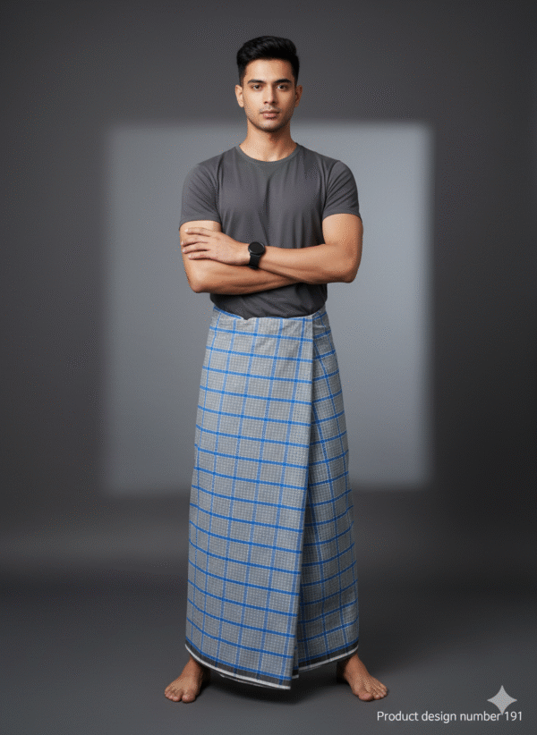 Men's Stylish Lungi - Modern Grey & Blue Plaid Design
