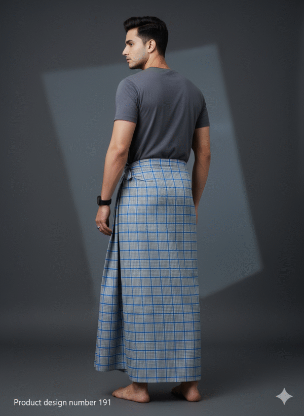Men's Stylish Lungi - Modern Grey & Blue Plaid Design