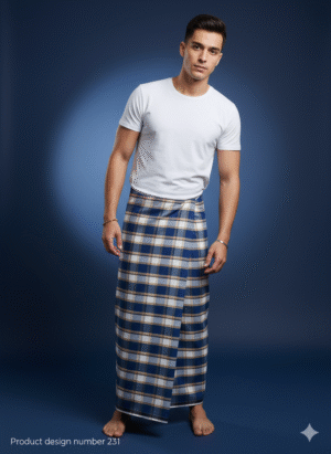 Generated Image October 01, 2025 - 10_55AM Men's Stylish Lungi - Navy Blue and Tan Plaid Design