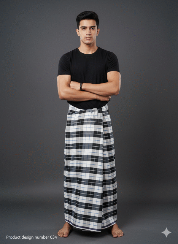 Men's Modern Lungi - High-Contrast Black & White Plaid Design