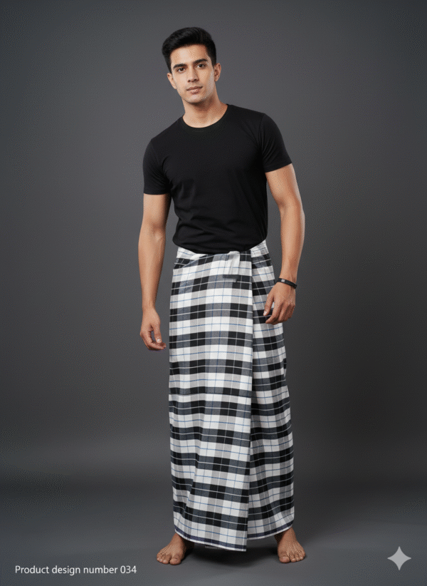 Men's Modern Lungi - High-Contrast Black & White Plaid Design