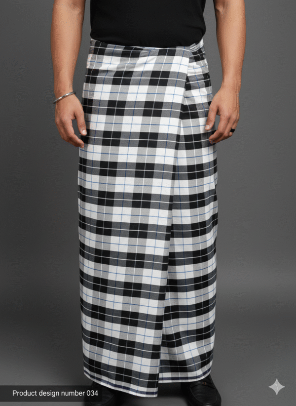 Men's Modern Lungi - High-Contrast Black & White Plaid Design