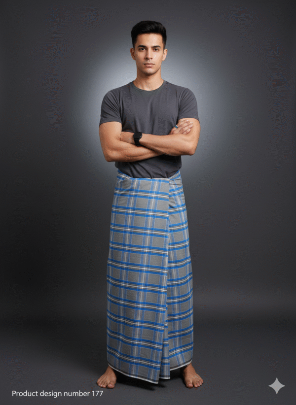 Generated Image October 01, 2025 - 3_59PM Men's Stylish Lungi - Modern Grey & Blue Plaid Design