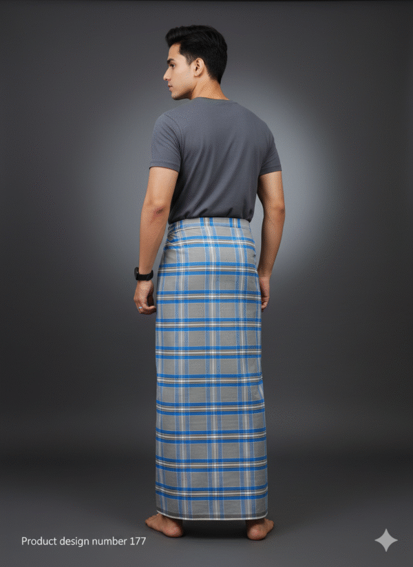 Generated Image October 01, 2025 - 4_00PM Men's Stylish Lungi - Modern Grey & Blue Plaid Design