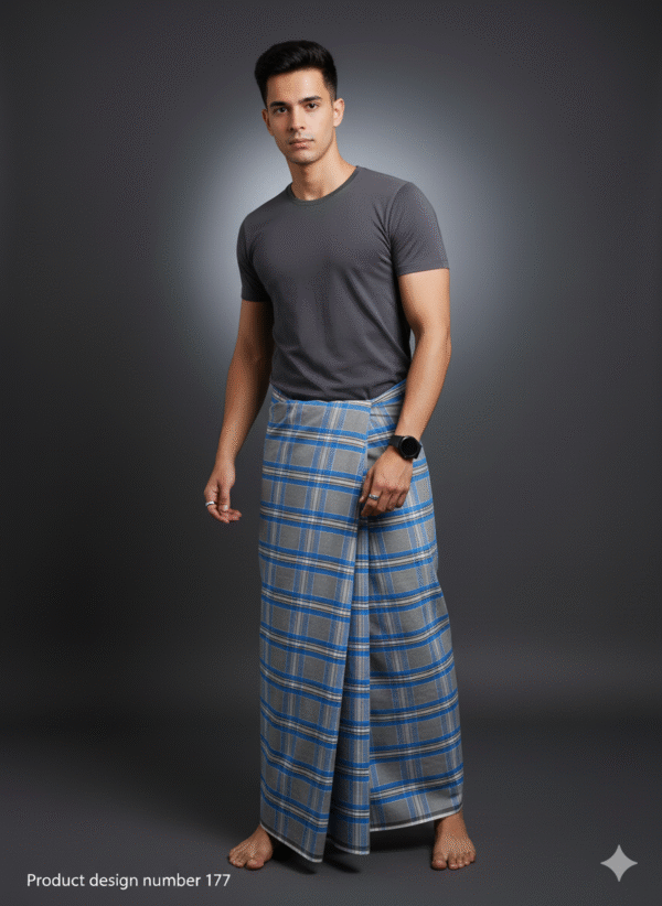 Generated Image October 01, 2025 - 4_02PM Men's Stylish Lungi - Modern Grey & Blue Plaid Design