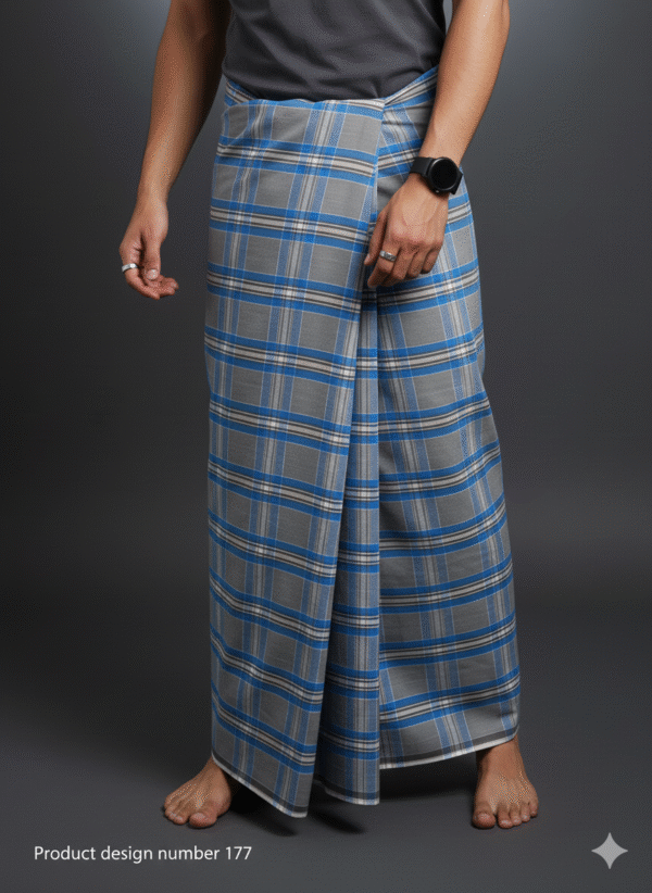 Generated Image October 01, 2025 - 4_03PM Men's Stylish Lungi - Modern Grey & Blue Plaid Design