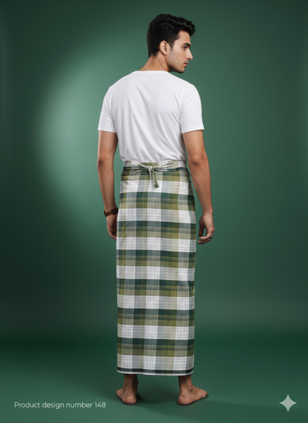 Men's Stylish Lungi - Classic Olive Green Plaid Design