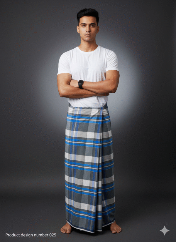 Men's Stylish Lungi - Modern Blue & Grey Plaid Design