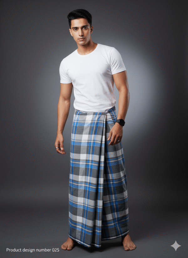 Men's Stylish Lungi - Modern Blue & Grey Plaid Design