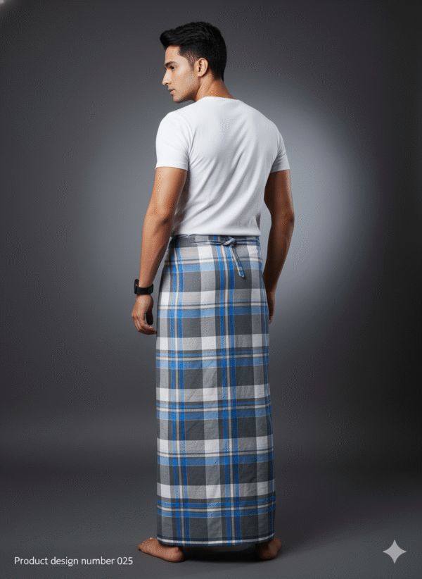 Men's Stylish Lungi - Modern Blue & Grey Plaid Design