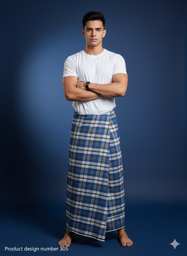 Men's Stylish Lungi - Modern Blue & Grey Plaid Design