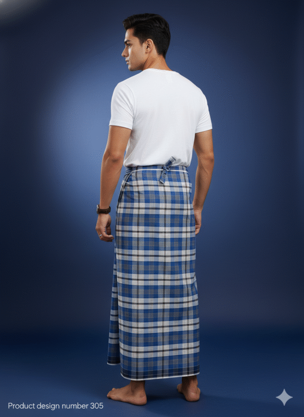 Men's Stylish Lungi - Modern Blue & Grey Plaid Design